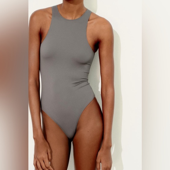 NWT Zara Polyamide Halter Bodysuit in Dark Grey Size L - Picture 6 of 15